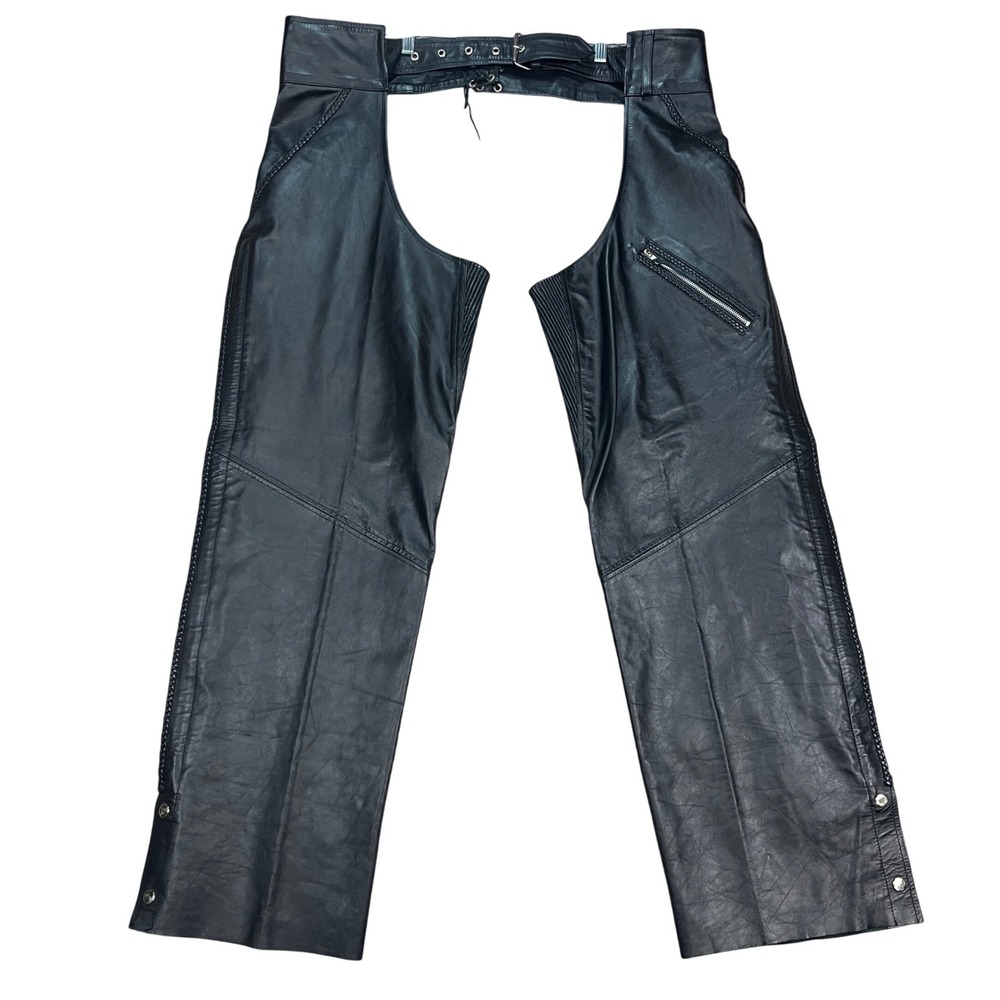 Xelement Motorcycle Chaps USA Leather Mens 42 Black Braided Trim Zippered Pocket
